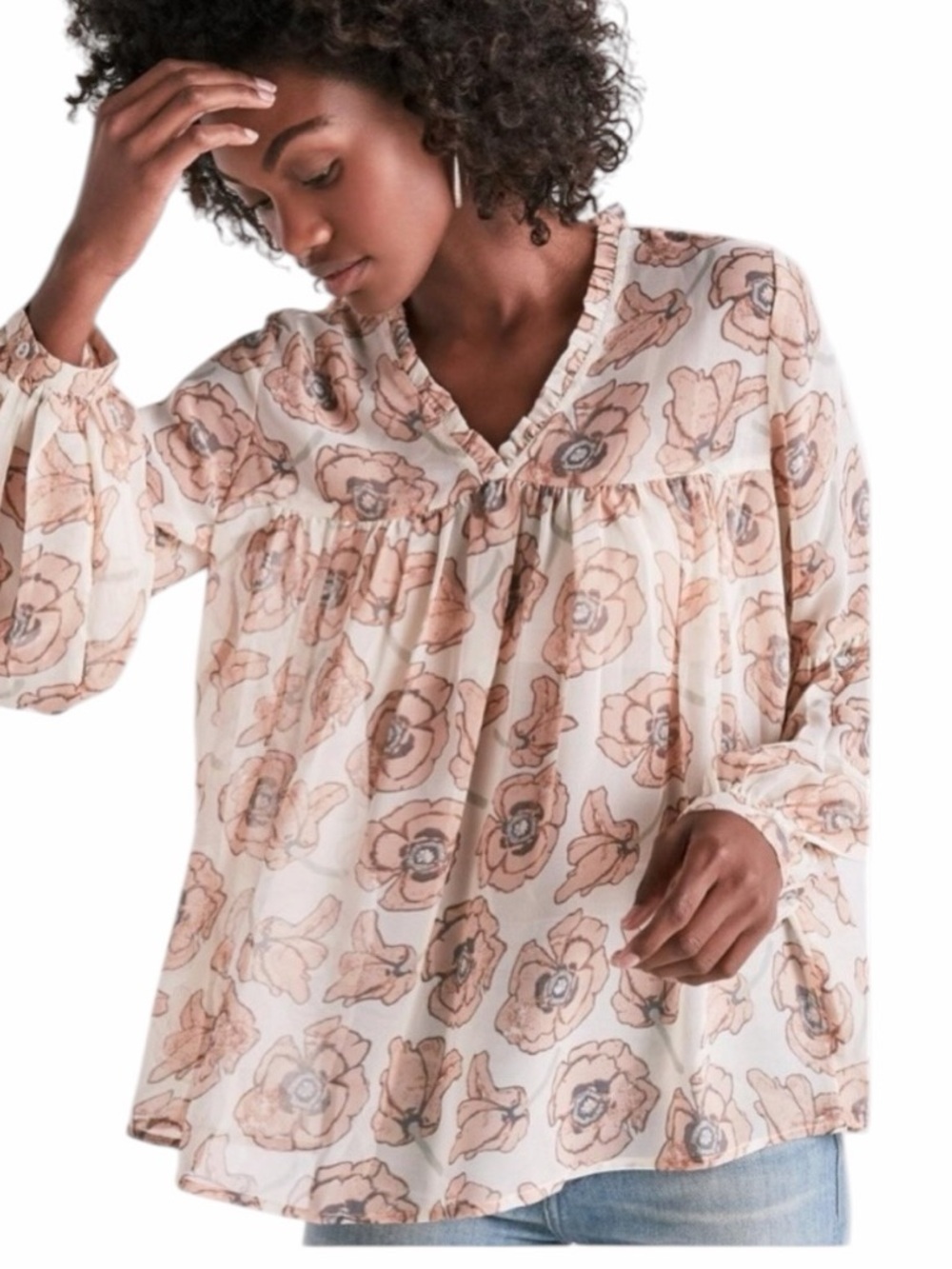 Lucky Brand Floral Boho Blouse Sheer Long Sleeve Peasant Top Size Medium